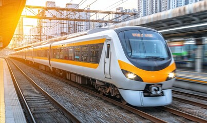 Naklejka premium Modern train arriving at city station platform at sunset with blurred background