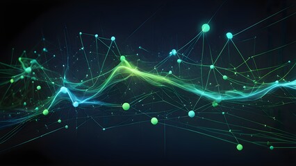Obraz premium Abstract network connection background with glowing green and blue nodes and lines.