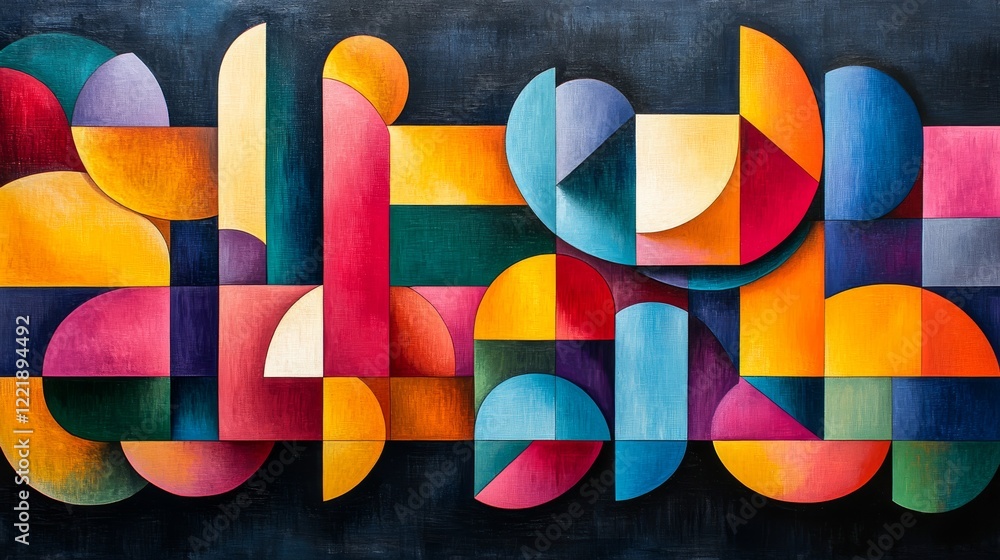 Poster a vibrant geometric composition of interlocking shapes and colors creating a modern abstract pattern