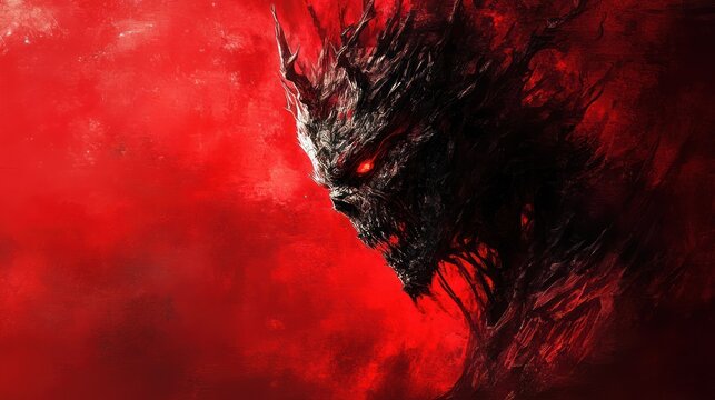Glowing red eyes of a demonic skull king.