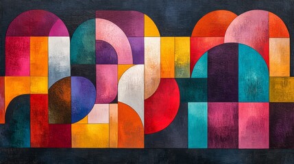 Abstract Geometric Art Composition with Vibrant Colors and Curved Shapes on a Textured Dark Background