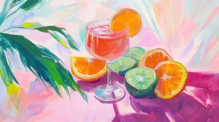 a Glass Filled with Pink Drink and Fruit Slices in Soft Pastel Colors Evoking Summer Vibes