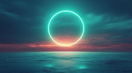 Neon Circle Above Calm Ocean Sunset Sky