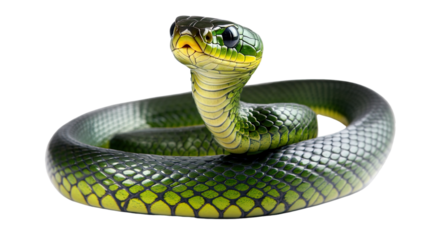 Emerald Green Snake: A vibrant green snake with striking scales and piercing eyes, coiled in a defensive posture, showcasing its captivating beauty and the elegance of nature's design. 