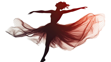 Crimson Dance: A silhouette of a ballerina, poised in mid-leap, her flowing crimson dress a blur of motion, expresses grace, passion, and artistic expression.