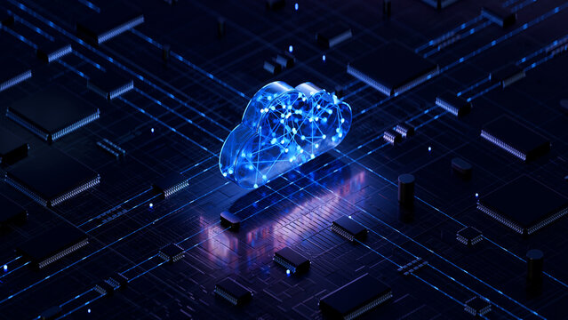 Cloud shape on circuit board symbolizes cloud computing technology and network security concept. 3D rendering, conceptual image.