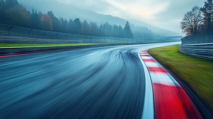 Wet race track curve with motion blur, foggy forest background.