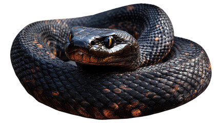 Fototapeta premium Black Snake Close-up: A black snake with mesmerizing scales and a sharp, piercing gaze coils itself in a defensive posture, creating a captivating portrait of raw power and primal instinct. 
