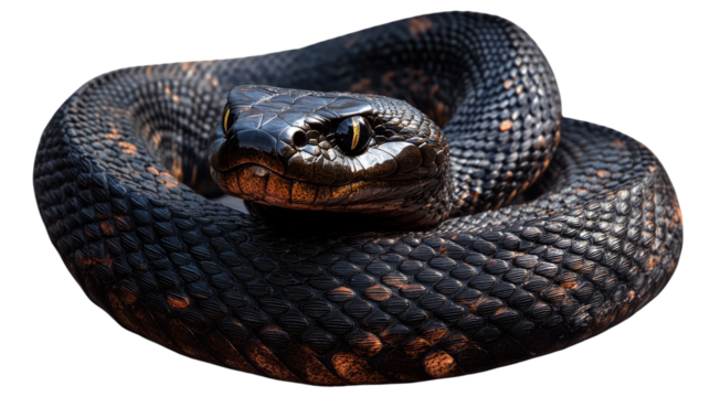 Black Snake Close-up: A black snake with mesmerizing scales and a sharp, piercing gaze coils itself in a defensive posture, creating a captivating portrait of raw power and primal instinct. 