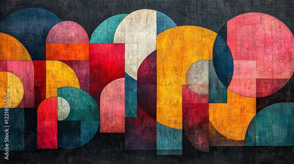 Poster abstract art composition of colorful geometric shapes on a textured dark background creating a moder
