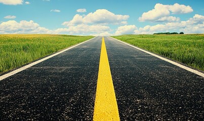 Open road through green fields under blue sky with clouds.