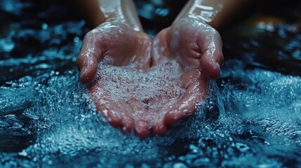 Close-up of hands cupping flowing water.