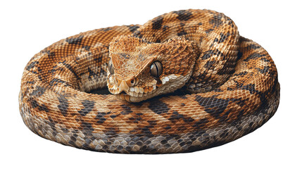 Obraz premium Coiled Desert Viper: A venomous desert viper, intricately patterned in browns and tans, coils defensively, its head poised alertly. The reptile's scales and textures are sharply detailed.