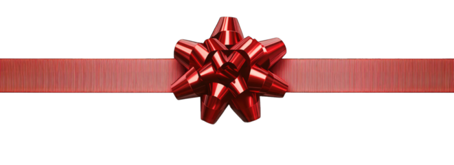 Red ribbon with a bow, isolated on a transparent PNG white background, top view. Red gift ribbon with a bow