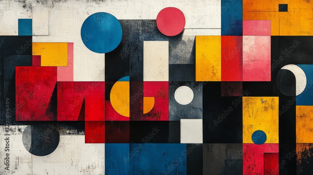 Poster geometric abstraction with primary colors and texture, a dynamic interplay of shapes and hues