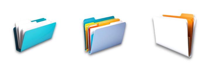 Isolated folder trio on transparent background, perfect for organizational visuals