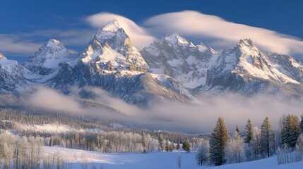 majestic winter mountains, snow-dusted peaks, peaceful alpine scene, gentle cloud wisps, clear winter atmosphere, natural mountain forms, pristine snow cover, panoramic winter vista, white mountain