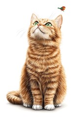 Obraz premium Orange Tabby Cat Looking at a Bird Illustration