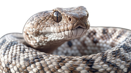 Obraz premium Close-Up of a Western Diamondback Rattlesnake: A detailed, intense close-up of a Western Diamondback rattlesnake, coiled and ready, showcasing its intricate pattern and piercing gaze.&nbsp;