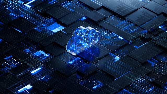 Cloud shape on circuit board symbolizes cloud computing technology and network security concept. 3D rendering, conceptual image.