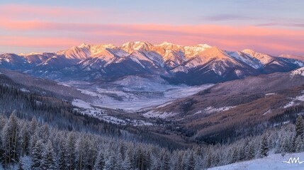 Obraz premium Winter mountain panoramic vista, golden hour alpenglow on peaks, deep valley with snow-laden trees, dramatic mountain ridgelines, untouched snowy terrain, tranquil dawn atmosphere, high-resolution