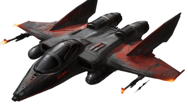 DarkStar Interceptor: A sleek, futuristic fighter jet with dark grey and crimson accents, equipped with advanced weaponry and aerodynamic design, poised for interstellar combat.