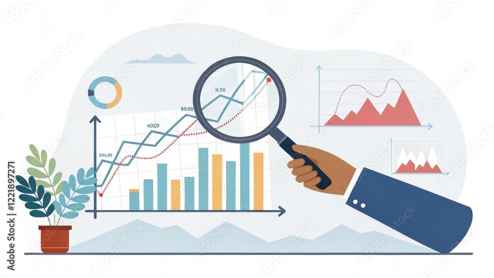 Poster a hand holding a magnifying glass examines colorful graphs and charts, symbolizing data analysis and