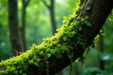 Obraz premium Mossy tillandsia recurvata on a deciduous tree, leaves, growth, epiphyte