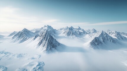 Obraz premium Majestic Antarctic mountains, expansive frozen seascape, pure white snow fields, jagged ice formations, bright polar day, aerial drone shot, arctic atmosphere, tranquil winter scene, natural light,