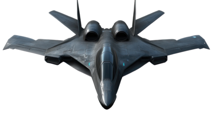 Stealth Fighter Jet: A sleek and powerful stealth fighter jet, with its signature low-observable design, is captured in a front view, ready for takeoff.  