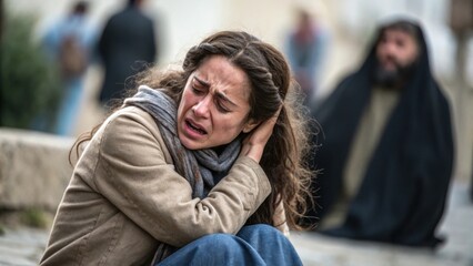 Fototapeta premium A distraught woman sits on the ground, visibly upset, while a shadowy figure looms in the background, depicting intense emotion and a sense of despair.