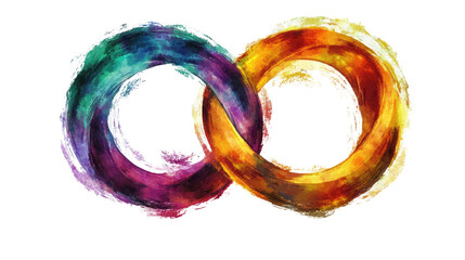 Infinity Symbol: A vibrant, abstract painting of the infinity symbol, rendered in rich, intermingling colors of teal, purple, and gold, suggesting endless possibilities and interconnectedness.