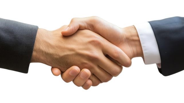 A Handshake of Trust:  Two businessmen in suits grasp hands in a firm handshake, signifying agreement, collaboration, and shared success.