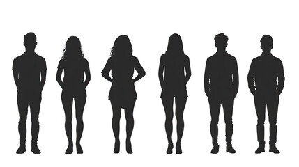 Silhouette Group: Six individual silhouettes, three male and three female, standing in a row.  Simple, elegant, and versatile for various design applications.