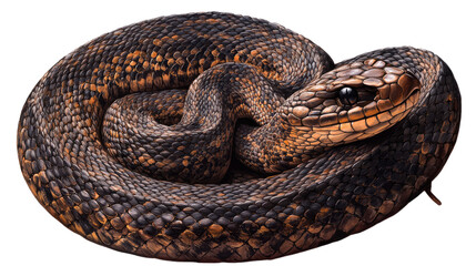 Fototapeta premium Coiled Serpent: A detailed close-up of a dark brown snake coiled in a tight circle, showcasing its intricate scales and patterns. The reptile's head is slightly raised.