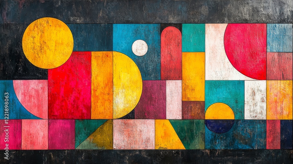 Poster abstract composition of vibrant geometric shapes with circles squares and triangles in a retro style