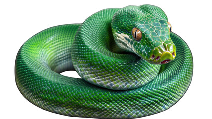 Obraz premium Emerald Green Tree Python: A vibrant emerald green tree python, its scales shimmering in the light, coils itself into a mesmerizing spiral.