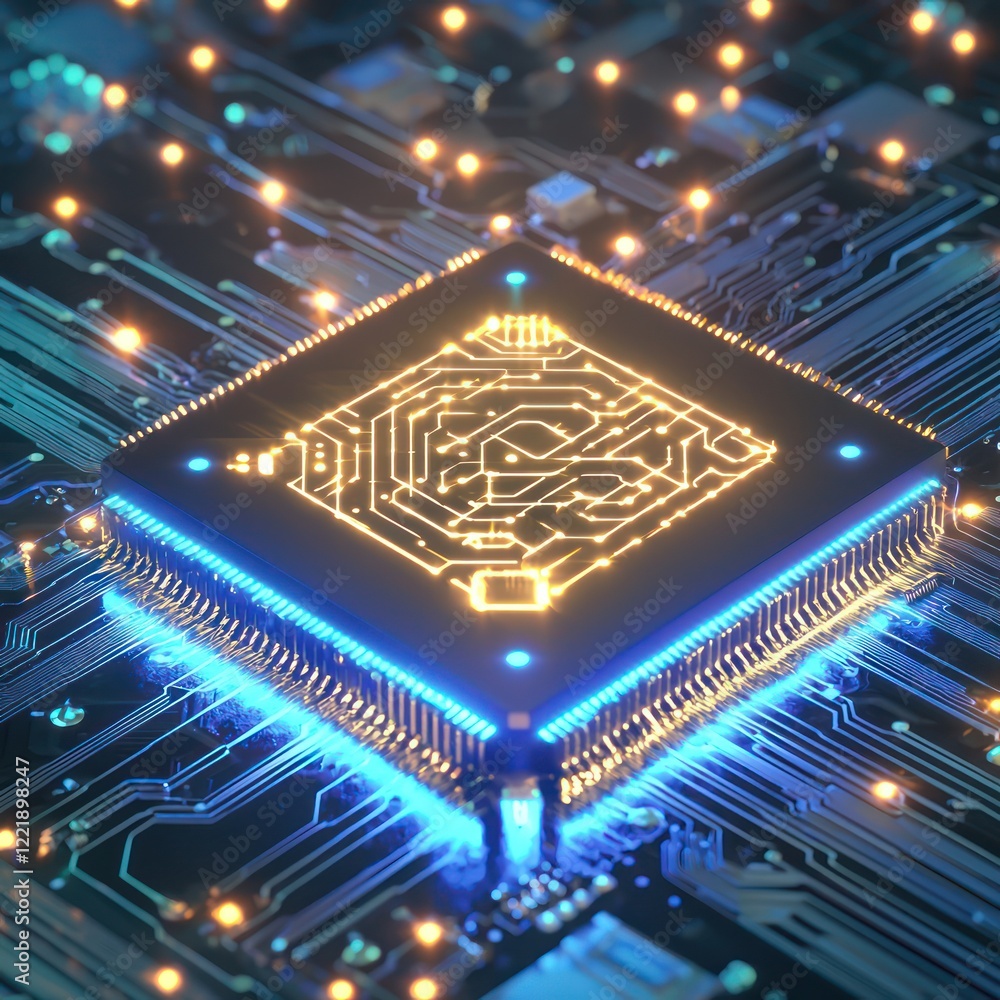 Poster futuristic microchip glowing with detailed designs, representing technological advancement in ai dev