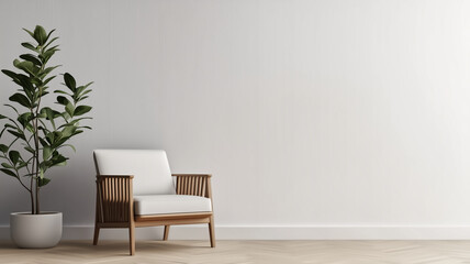 Minimalistic chair with plant in bright, empty room, creating serene atmosphere. simple design and natural elements enhance calming environment