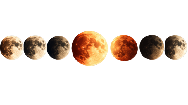 Lunar Eclipse Sequence: A captivating sequence showcasing the phases of a lunar eclipse, from the initial penumbra to the dramatic totality and the gradual return to a full moon.