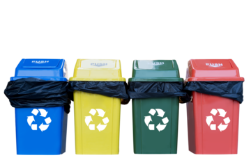 Collection of waste bins full of different types of garbage, recycling and separate waste collection concept.