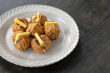 Butter-filled walnut-shaped walnut cake, photographed in Suzhou, Jiangsu, China