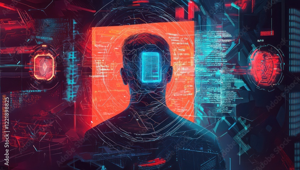 Poster advanced ai systems protecting encrypted personal data, visualized through layers of glowing digital