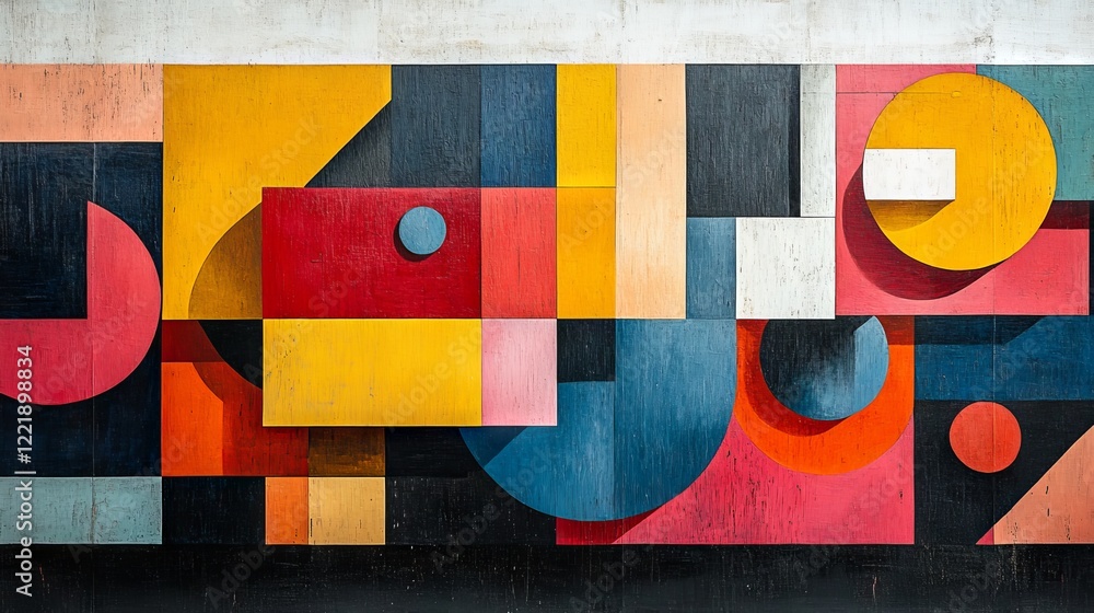 Poster abstract geometric composition with vibrant colors and layered shapes creating a visually stimulatin