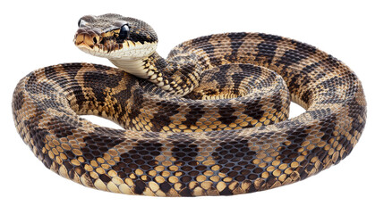 Obraz premium Coastal Carpet Python Close-Up: A detailed view of a coastal carpet python coiled, showcasing its intricate patterns and captivating gaze. The snake's scales and coloration are sharply defined.