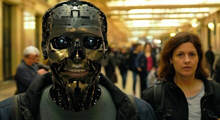 Fototapeta premium Robot and woman in bustling station.