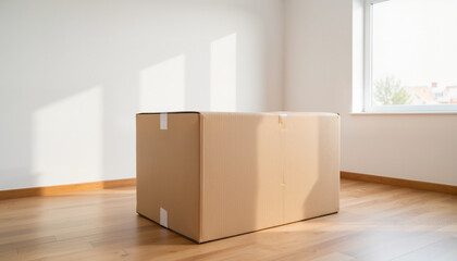 Cardboard box in empty room with natural light