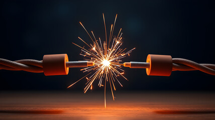 A close-up of two electrical wires connected, with a bright spark of electricity arcing between them