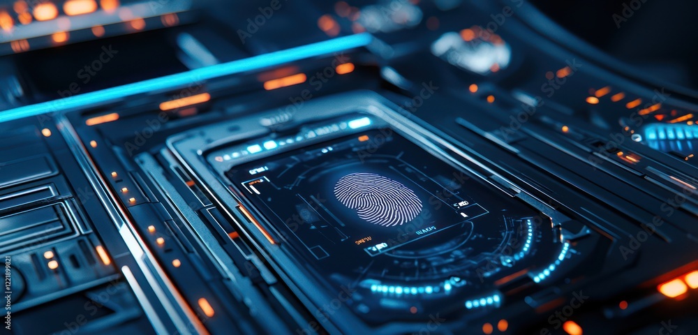 Aufkleber biometric fingerprint system glowing with precision, built into a futuristic digital interface for e