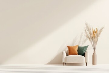 Empty muted natural color wall mockup,  minimal living room with  vintage armchair and dried flowers ,Natural daylight from  window,background,copy space


